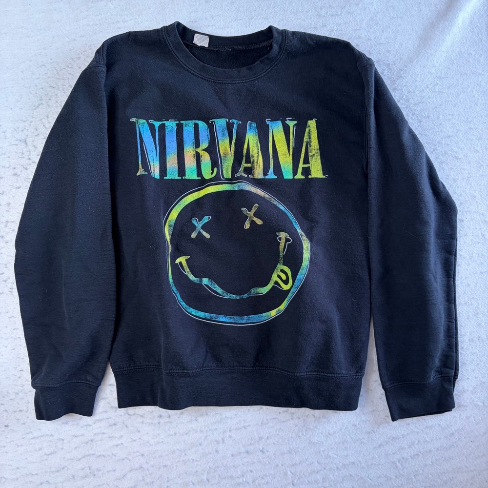 Nirvana Sweatshirt Mens Small Black Smiley Face Graphic Tie Dye Print